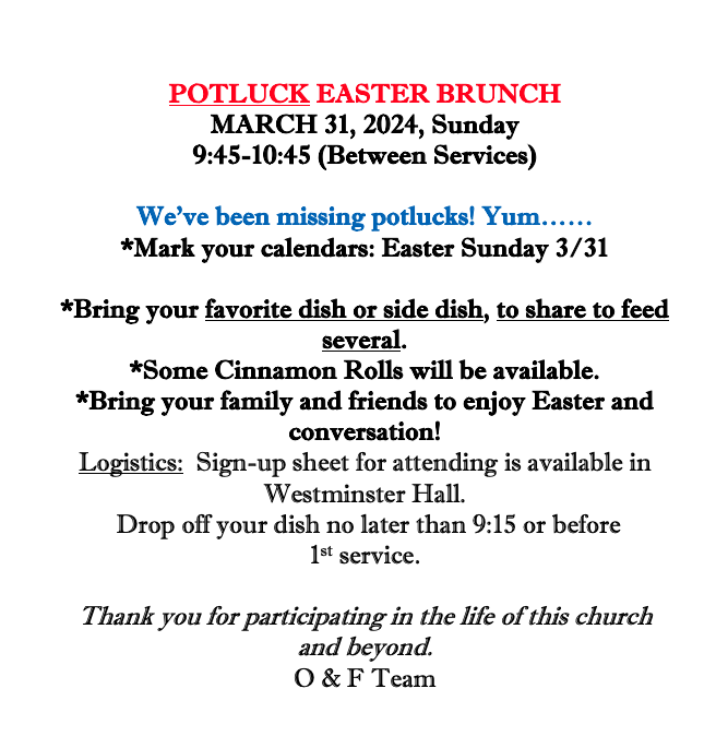 Easter Potluck Brunch! Sign-up in Westminster Hall